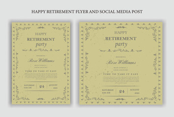 Traditional retirement party flyer, social media post design, vintage, work, note, old, elder citizen, celebration, festive, invitation, job, a4 print ready templates.