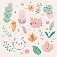 Cute cats and floral elements illustration