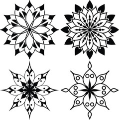 Four floral Mandalas with petals in detailed silhouette on White background