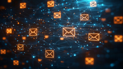 Digital communication theme with luminous email icons and an abstract backdrop, symbolizing email, internet, and data transfer