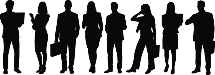 Silhouettes of business professionals in formal office attire holding files, posing confidently for corporate vector illustration and design use  flat vector illustration