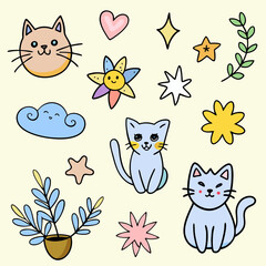 Cute cartoon cats flowers and stars design elements