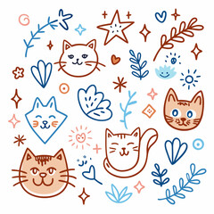 Cute cats and floral elements hand drawn illustration