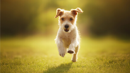 Jack Russel terrier dashing through grass, pure joy in golden light