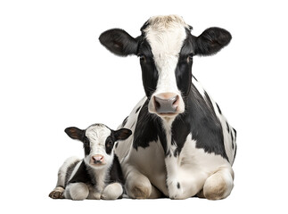 A black and white cow with a baby calf lying down isolated on a transparent background