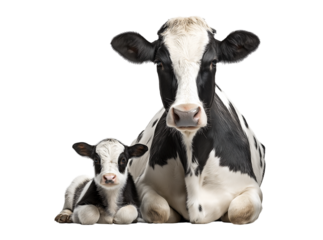 A black and white cow with a baby calf lying down isolated on a transparent background