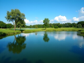 A pond with a few trees in the background. The sky is blue and there are some clouds