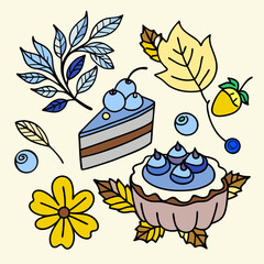 Blueberry cakes and autumn leaves clipart