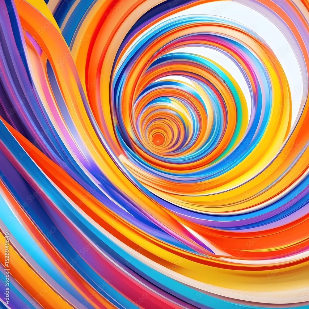 Poster the design features a vibrant abstract spherical shape with dynamic curved stripes in a kaleidoscope