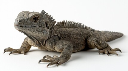 Fototapeta premium Calm spiny-tailed iguana resting, textured skin and claws visible on white surface