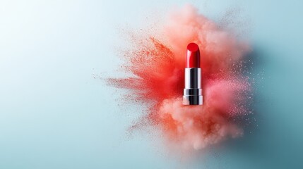 A vibrant red lipstick emerges from a colorful explosive background, capturing beauty, creativity, and confidence, ideal for makeup and cosmetic promotion.