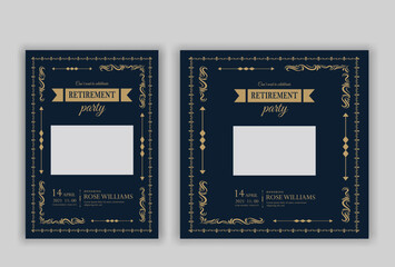 Traditional Happy retirement party celebration flyer design, social media post, vintage, old, elder, senior, festive, emotion, royal, wish, greeting, invitation, black, event, a4 templates bundle.