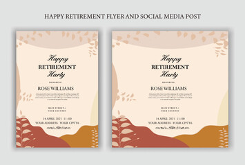 Traditional Happy retirement party celebration flyer design, social media post, vintage, old, elder, senior, festive, emotion, royal, wish, greeting, invitation, black, event, a4 templates bundle.
