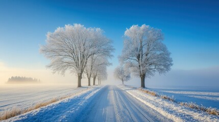 Fototapeta premium Gentle snowfall on a quiet country road lined with frosty trees and snowy fields