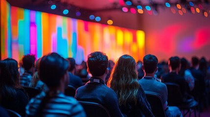 A vibrant conference with a diverse audience attentively engaged in a colorful, illuminated venue setting