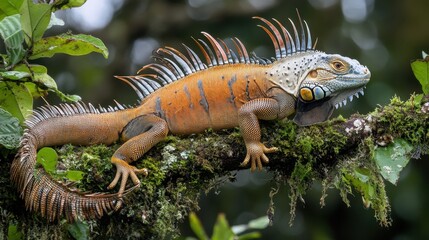 Fototapeta premium Iguana crawling across frame from side, full display of spiny tail and body scales