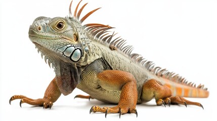 Obraz premium Iguana positioned with tail coiled beside, side detail of scales and limbs sharp on white