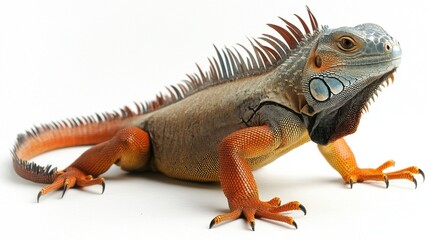 Obraz premium Iguana positioned with tail coiled beside, side detail of scales and limbs sharp on white