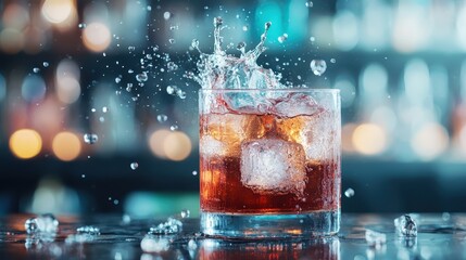 The image captures a glass filled with a refreshing drink and ice, showcasing a mesmerizing splash as droplets dance through the air, creating an inviting atmosphere.