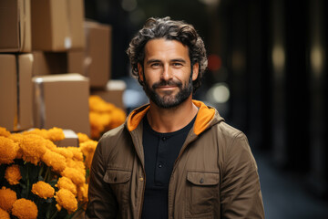 A charismatic man stands proudly amidst a backdrop of vibrant orange flowers and boxes, embodying positivity, hard work, and a connection to nature in urban life.