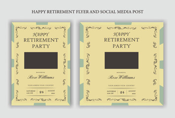 Traditional Happy retirement party celebration flyer design, social media post, vintage, old, elder, senior, festive, emotion, royal, wish, greeting, invitation, black, event, a4 templates bundle.