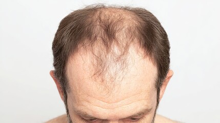 Obraz premium Photorealistic top view of a man with visible bald patches and thinning hair texture under natural light, highlighting male hair loss and scalp health in a clean clinical setting