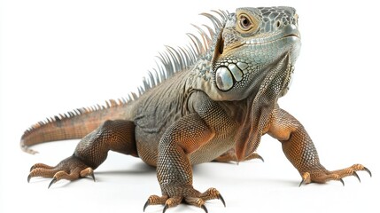 Obraz premium Natural iguana pose with tail fully extended, showing full texture from head to tail on white