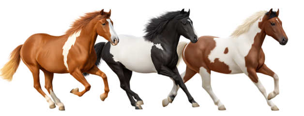 three horses of different colors running, three brown white black horses running in different directions isolated on a transparent background