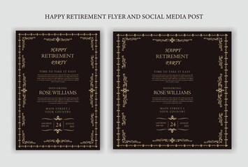 Traditional Happy retirement party celebration flyer design, social media post, vintage, old, elder, senior, festive, emotion, royal, wish, greeting, invitation, black, event, a4 templates bundle.