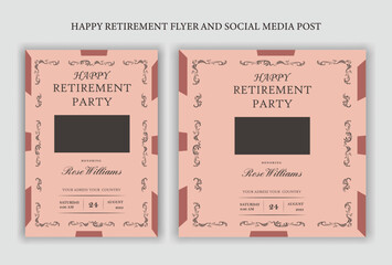 Traditional Happy retirement party celebration flyer design, social media post, vintage, old, elder, senior, festive, emotion, royal, wish, greeting, invitation, black, event, a4 templates bundle.