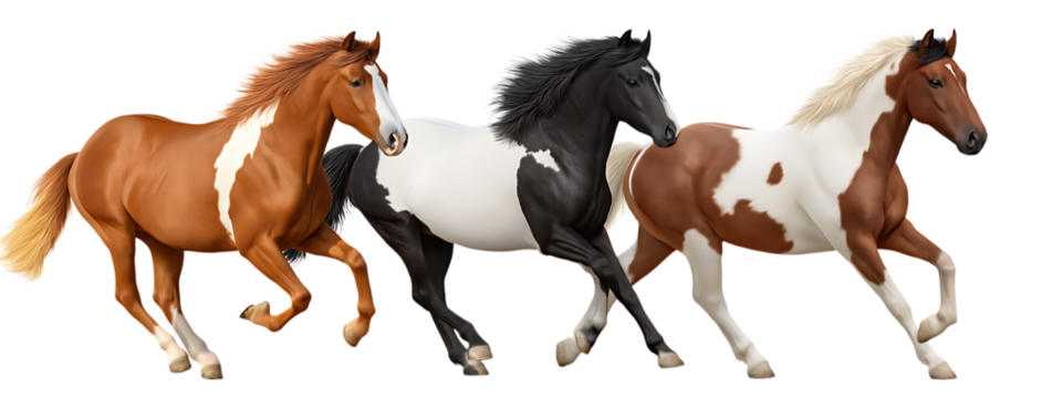 three horses of different colors running, three brown white black horses running in different directions isolated on a transparent background