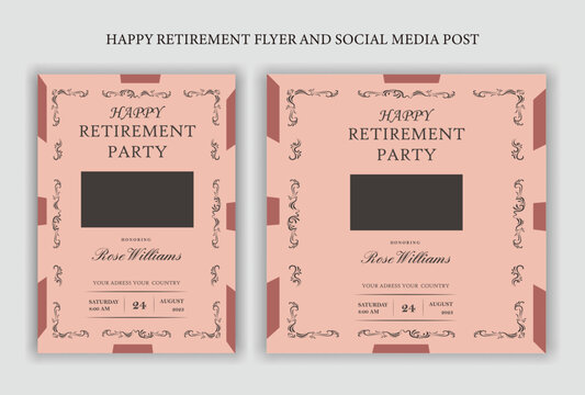 Traditional Happy retirement party celebration flyer design, social media post, vintage, old, elder, senior, festive, emotion, royal, wish, greeting, invitation, black, event, a4 templates bundle.