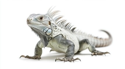 Fototapeta premium Spiny-tailed iguana frozen in walking motion, tail ridges catching light on white background