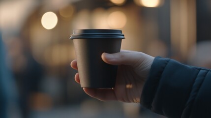 Person holding a black coffee cup with bokeh lights in the background