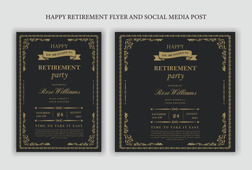 Set of retirement party invitation, square banner, instagram story and a4 poster, vector illustration Retirement Flyer Design Template. Retirement Party Invitation Layout, square banner, and a4 poster