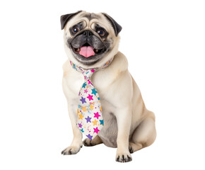 Obraz premium A cute pug dog wearing a colorful tie with stars, sitting on the floor, tongue out and looking at the camera isolated on a transparent background