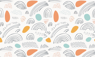 Bohemian abstract seamless pattern with hand-drawn rainbows and textures
