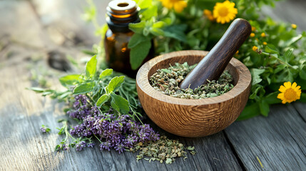 natural medicine scene with mortar, pestle and herbs