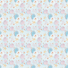 Seashell seamless pattern beach themed pastel color  with high quality resolution for wallpaper, background, prints, textile