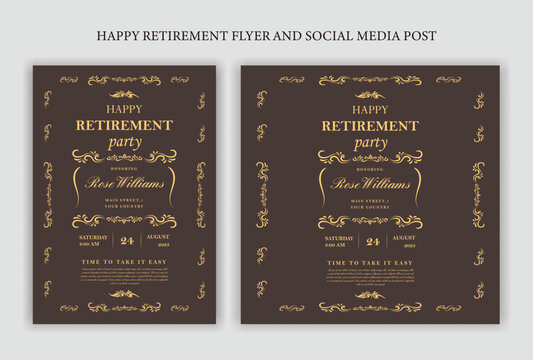 Set of retirement party invitation, square banner, instagram story and a4 poster, vector illustration Retirement Flyer Design Template. Retirement Party Invitation Layout, square banner, and a4 poster