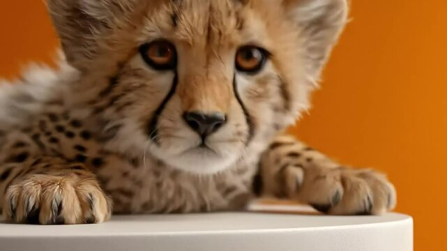 Cheetah Cub Portrait with Orange Background.