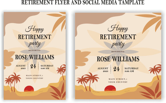 Set of retirement party invitation, square banner, instagram story and a4 poster, vector illustration Retirement Flyer Design Template. Retirement Party Invitation Layout, square banner, and a4 poster