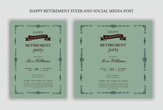 Set of retirement party invitation, square banner, instagram story and a4 poster, vector illustration Retirement Flyer Design Template. Retirement Party Invitation Layout, square banner, and a4 poster