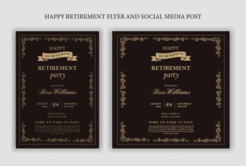 Set of retirement party invitation, square banner, instagram story and a4 poster, vector illustration Retirement Flyer Design Template. Retirement Party Invitation Layout, square banner, and a4 poster