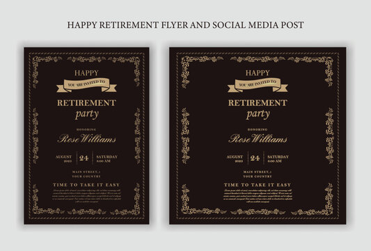 Set of retirement party invitation, square banner, instagram story and a4 poster, vector illustration Retirement Flyer Design Template. Retirement Party Invitation Layout, square banner, and a4 poster