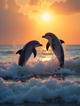 Two Dolphins Jumping Gracefully Through Ocean Waves at Sunset with Glimmering Water Splashes and Golden Skies in Background