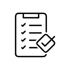 Ícone vetorial minimalista em contorno preto de uma lista de verificação com uma marca de seleção em papel em branco, simbolizando tarefas, organização e produtividade em um design limpo e simples