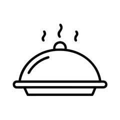 Fototapeta premium Minimalist black outline vector icon of a food tray with steaming hot dish covered by a lid, symbolizing food service, restaurant meals, and hospitality in a clean and simple design.