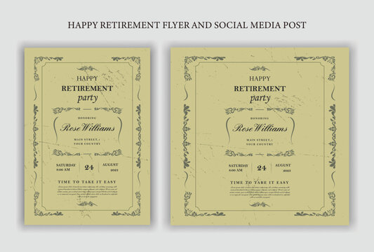 Set of retirement party invitation, square banner, instagram story and a4 poster, vector illustration Retirement Flyer Design Template. Retirement Party Invitation Layout, square banner, and a4 poster