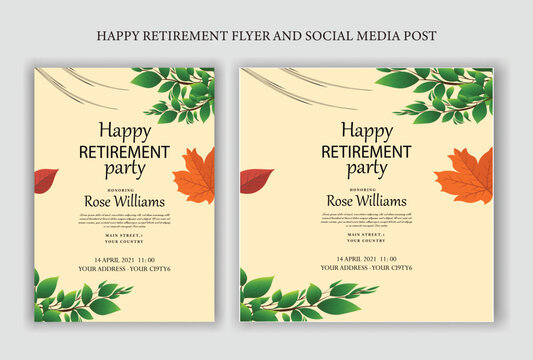 Set of retirement party invitation, square banner, instagram story and a4 poster, vector illustration Retirement Flyer Design Template. Retirement Party Invitation Layout, square banner, and a4 poster